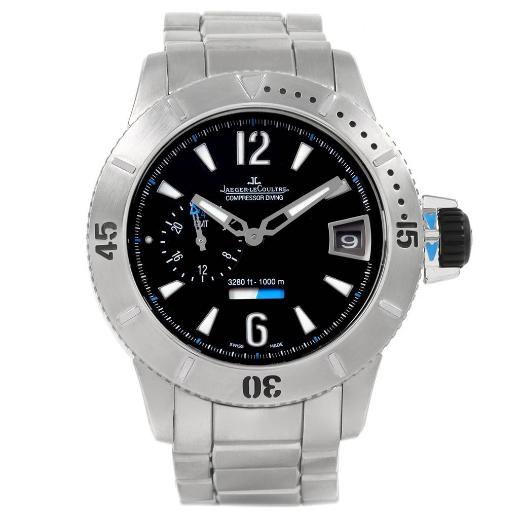 This image shows a front view of the Jaeger LeCoultre Master 160.T.05 Men's Titanium Black Dial 160.T.05 Men's Titanium Black Dial Compressor Diving watch, highlighting its dial, bezel, and bracelet.