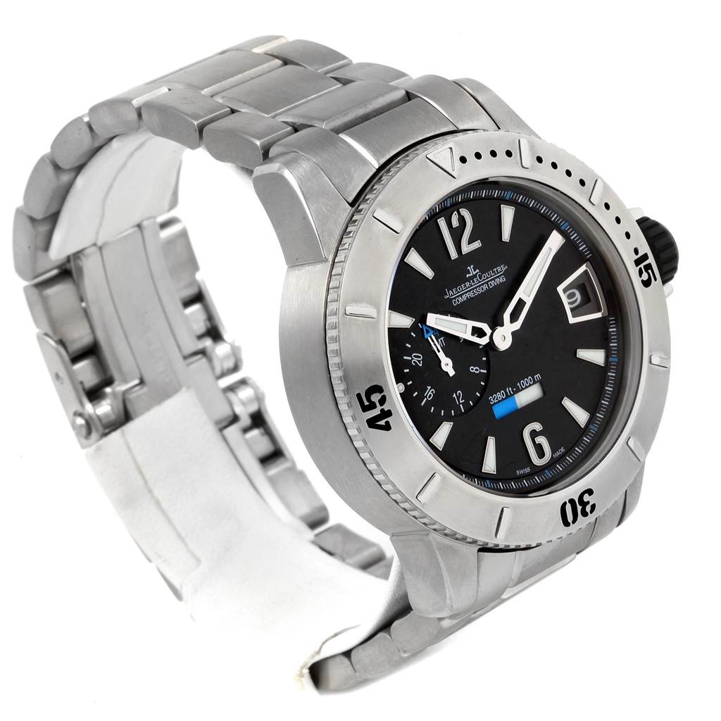 This image shows a Jaeger LeCoultre Master 160.T.05 Men's Titanium Black Dial 160.T.05 Men's Titanium Black Dial model watch from a three-quarter angle, highlighting the face, bezel, and metal band.