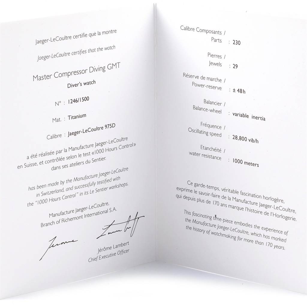 The document for the Jaeger-LeCoultre Master Compressor Diving GMT watch is shown open, detailing specifications and certification in French and English.