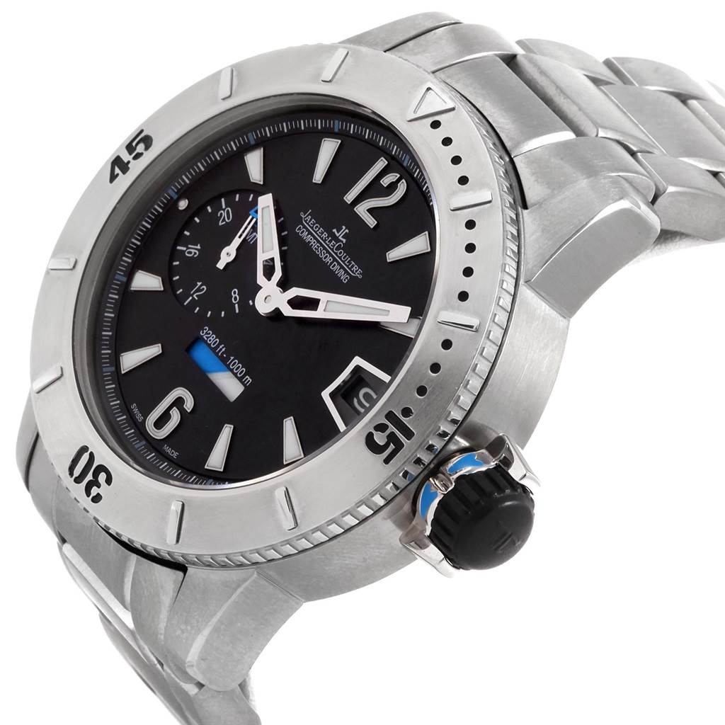 The Jaeger LeCoultre Master 160.T.05 Men's Titanium Black Dial 160.T.05 Men's Titanium Black Dial model watch is shown at an angled side view, highlighting the bezel, dial, and crown.