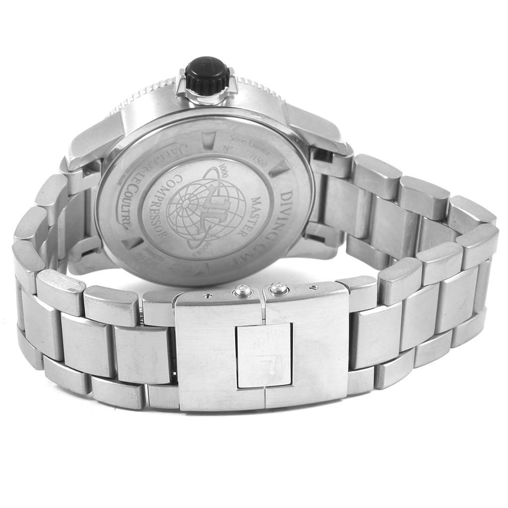 This image displays the back view and clasp of a Jaeger LeCoultre Master 160.T.05 Men's Titanium Black Dial 160.T.05 Men's Titanium Black Dial model watch with a metal bracelet.