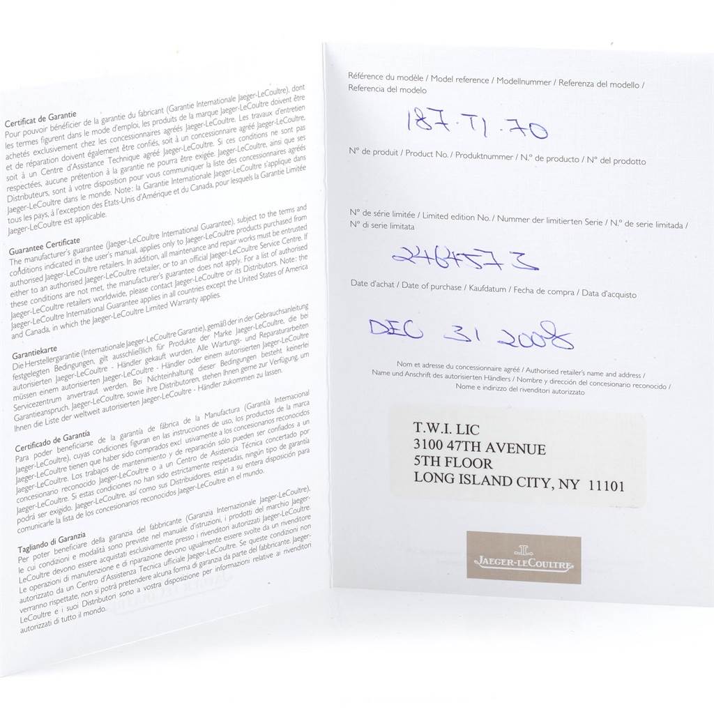 The image shows an open warranty certificate for a Jaeger LeCoultre Master 160.T.05 Men's Titanium Black Dial 160.T.05 Men's Titanium Black Dial model watch, including model and purchase details.