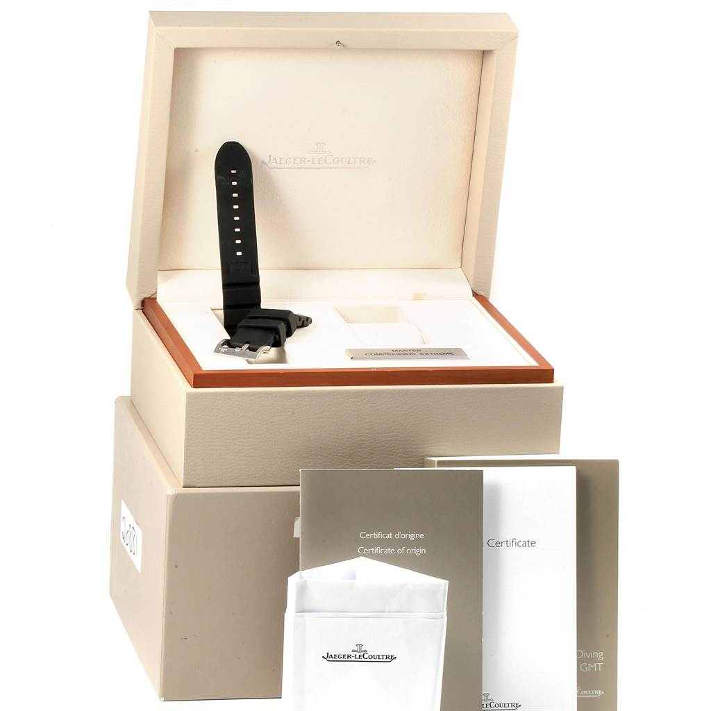 This image shows a Jaeger LeCoultre Master 160.T.05 Men's Titanium Black Dial 160.T.05 Men's Titanium Black Dial model watch with its original box, documentation, and accessories.