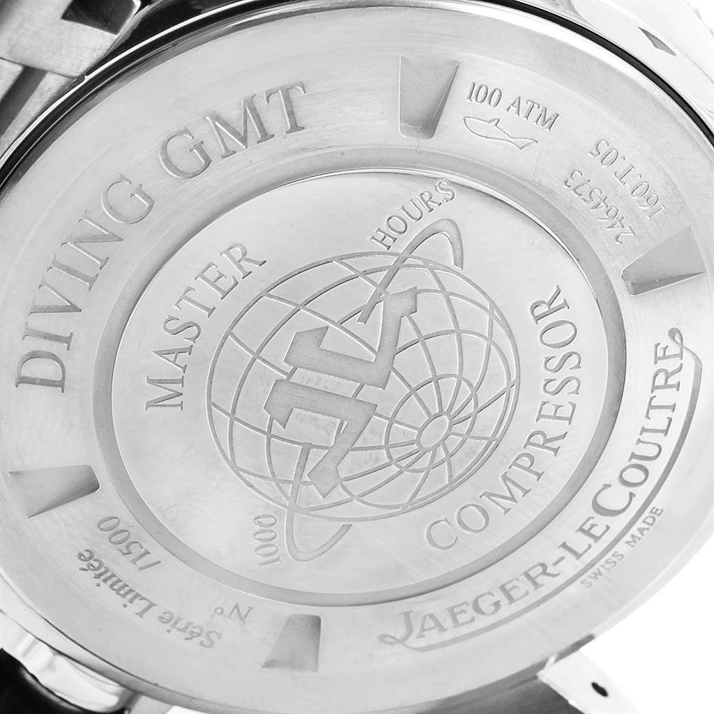 The image shows the back case of the Jaeger LeCoultre Master 160.T.05 Men's Titanium Black Dial 160.T.05 Men's Titanium Black Dial Compressor Diving GMT watch.