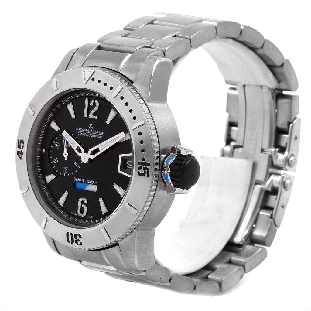 The image shows a Jaeger-LeCoultre Master model watch at a three-quarter angle, highlighting the case, dial, crown, and bracelet.