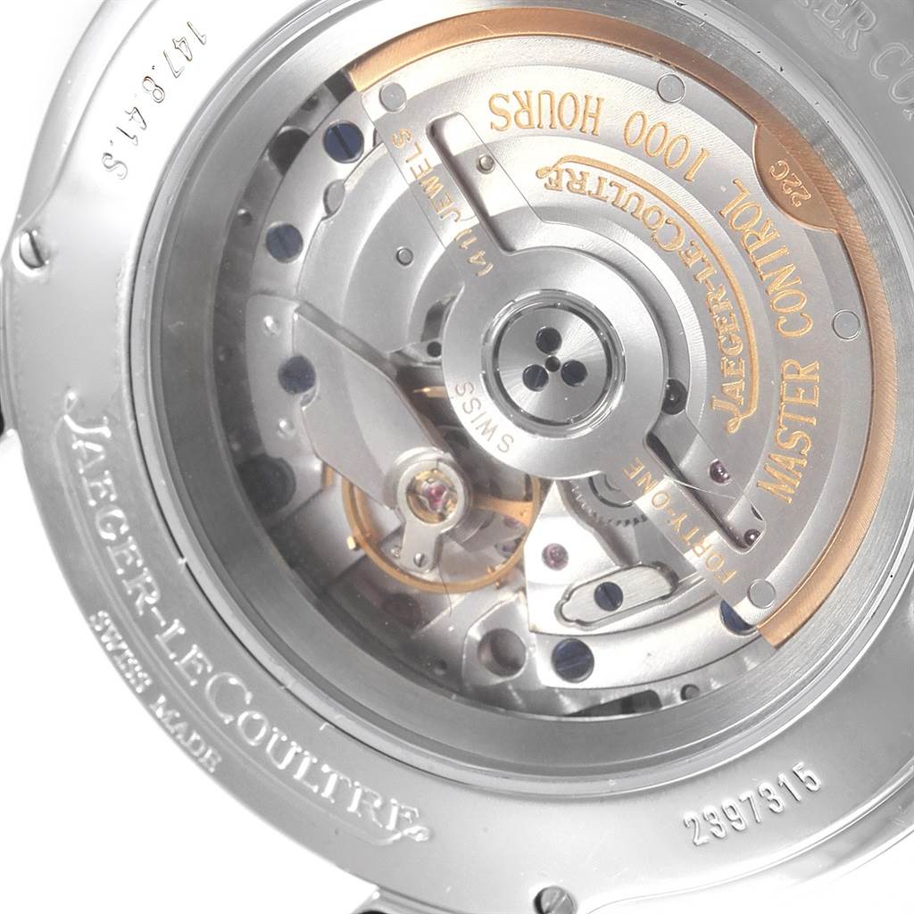 The image shows the back view of the Jaeger LeCoultre Master 147.8.41.S Men's Stainless Steel Silver Dial 147.8.41.S Men's Stainless Steel Silver Dial model watch, revealing its movement and engravings.