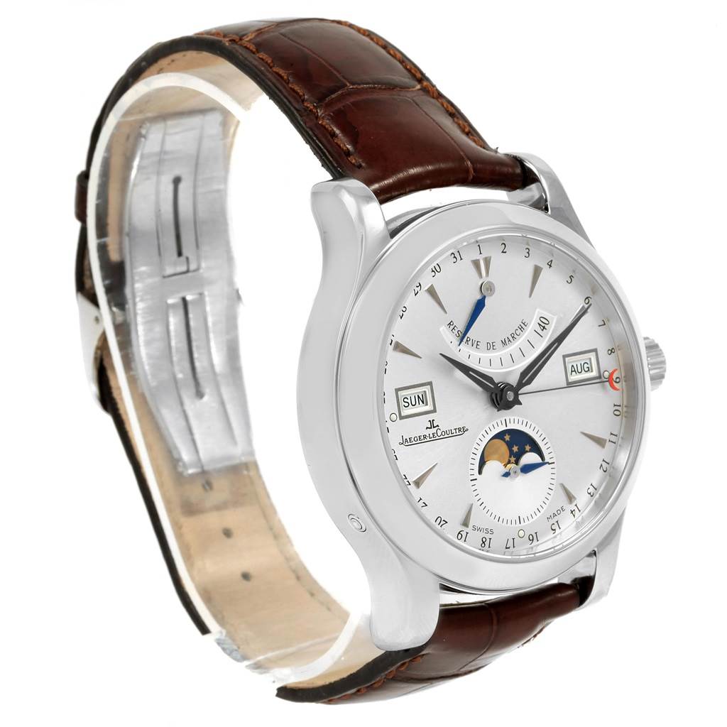 The image shows a Jaeger LeCoultre Master 147.8.41.S Men's Stainless Steel Silver Dial 147.8.41.S Men's Stainless Steel Silver Dial model watch at a slight angle, displaying the face, crown, case, and leather strap.