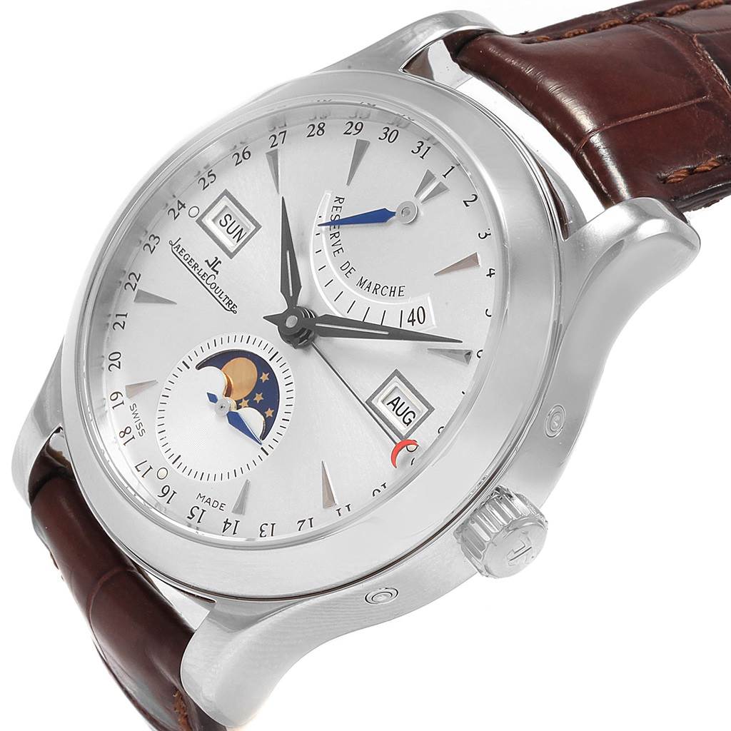 This image shows a close-up, angled view of the Jaeger LeCoultre Master 147.8.41.S Men's Stainless Steel Silver Dial 147.8.41.S Men's Stainless Steel Silver Dial model watch, showcasing its dial and leather strap.