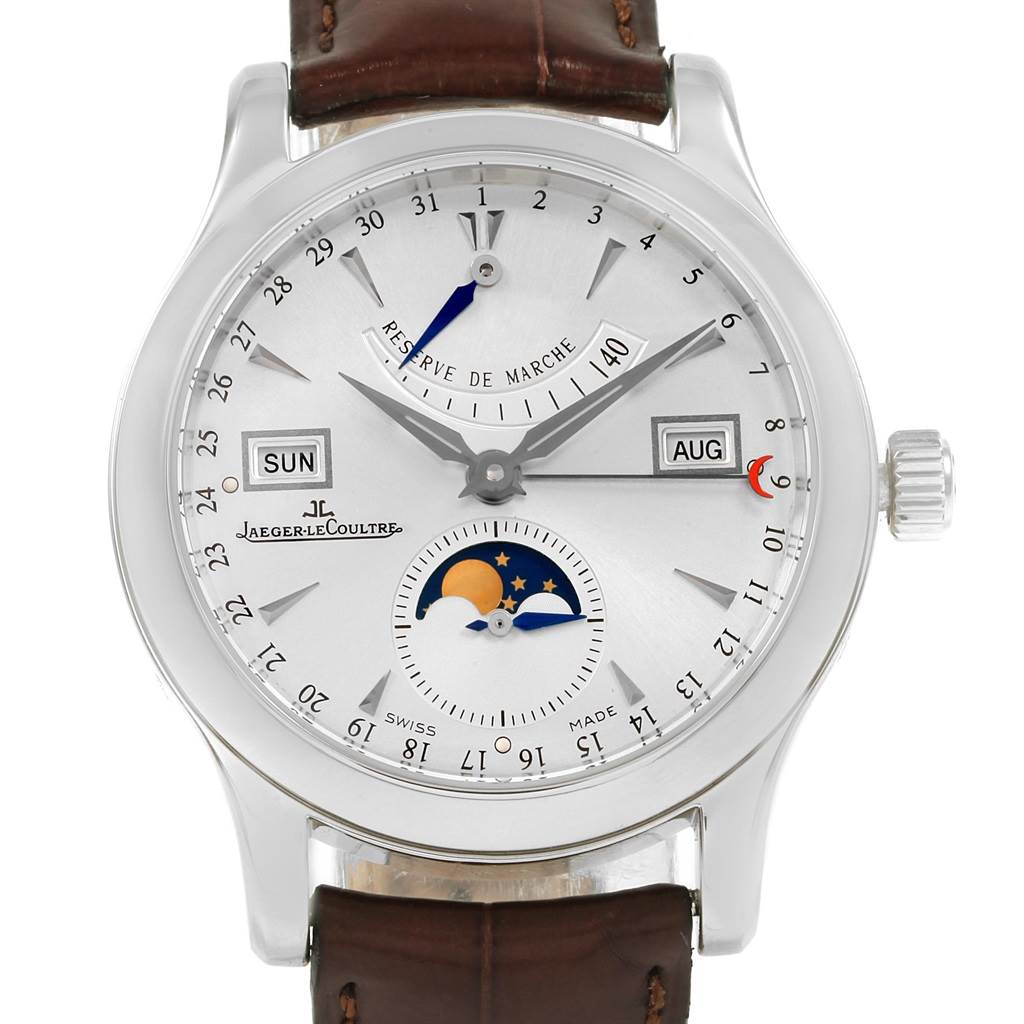 The image shows a front view of the Jaeger LeCoultre Master 147.8.41.S Men's Stainless Steel Silver Dial 147.8.41.S Men's Stainless Steel Silver Dial model watch, displaying its face and complications clearly.