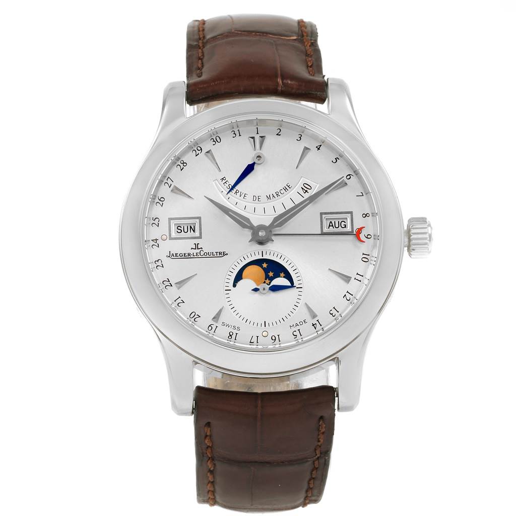 This is a front view of the Jaeger-LeCoultre Master model watch displaying the dial, hands, date, day, month, moon phase, and brown leather strap.