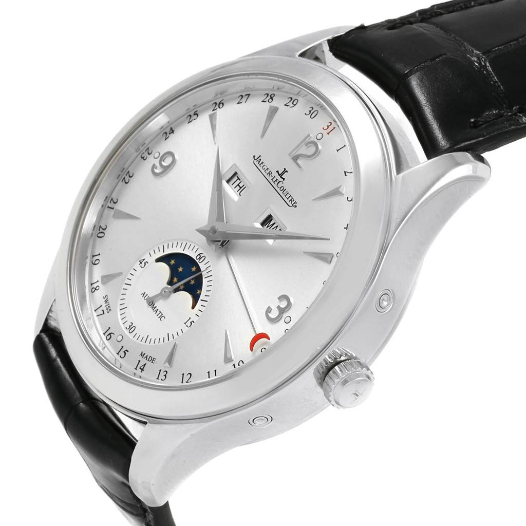 This Jaeger LeCoultre Master Q1558420 Men
s Stainless Steel Silver Dial Q1558420 Men
s Stainless Steel Silver Dial model watch is shown at a slight side angle, featuring its face, crown, and black leather strap.