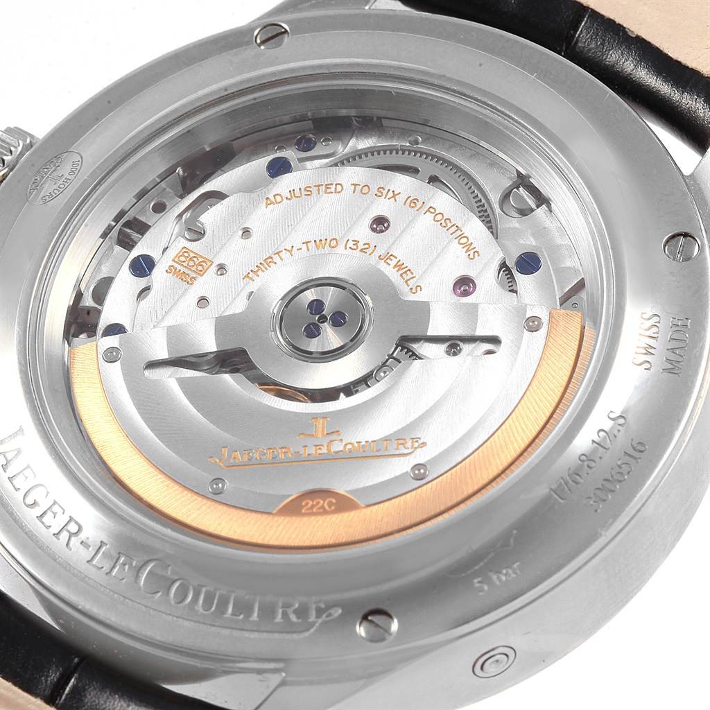 The image shows the back of a Jaeger-LeCoultre Master model watch, highlighting its movement and internal mechanics.