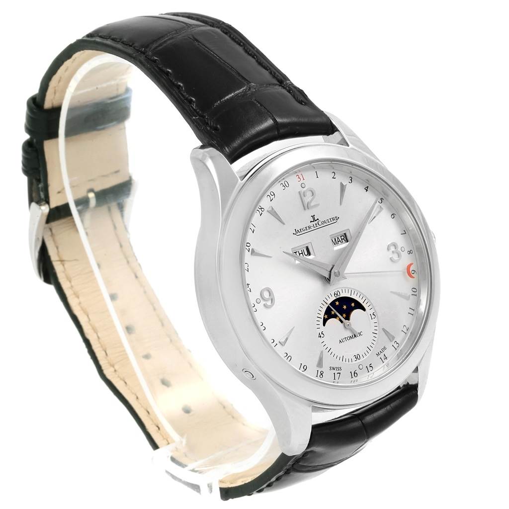 The Jaeger LeCoultre Master Q1558420 Men
s Stainless Steel Silver Dial Q1558420 Men
s Stainless Steel Silver Dial model watch is shown from a left-front angled view, highlighting its face and black leather strap.