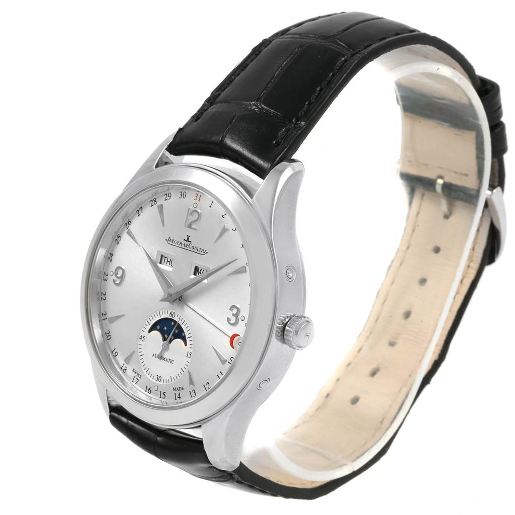 This Jaeger LeCoultre Master Q1558420 Men
s Stainless Steel Silver Dial Q1558420 Men
s Stainless Steel Silver Dial model watch is shown at a slight angle, displaying the face, crown, and black leather strap.