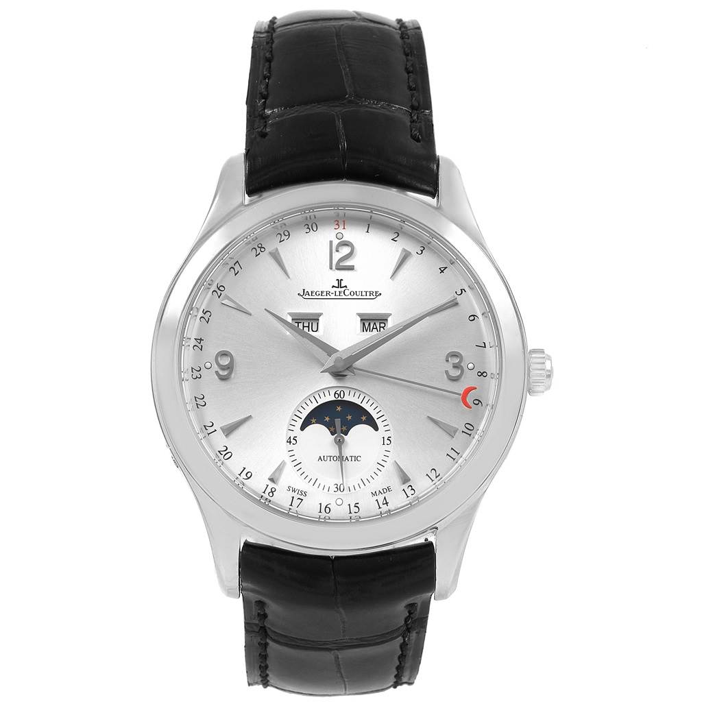 The Jaeger LeCoultre Master Q1558420 Men
s Stainless Steel Silver Dial Q1558420 Men
s Stainless Steel Silver Dial watch is shown from the front, highlighting its dial, hands, date, day, month, and moon phase.