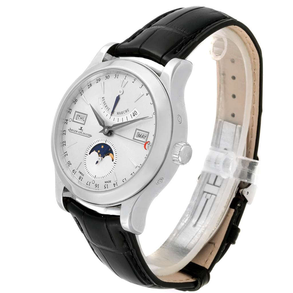 The image displays a Jaeger LeCoultre Master Q1558420 Men
s Stainless Steel Silver Dial Q1558420 Men
s Stainless Steel Silver Dial model watch at a three-quarter front angle, showing the dial, strap, and crown.