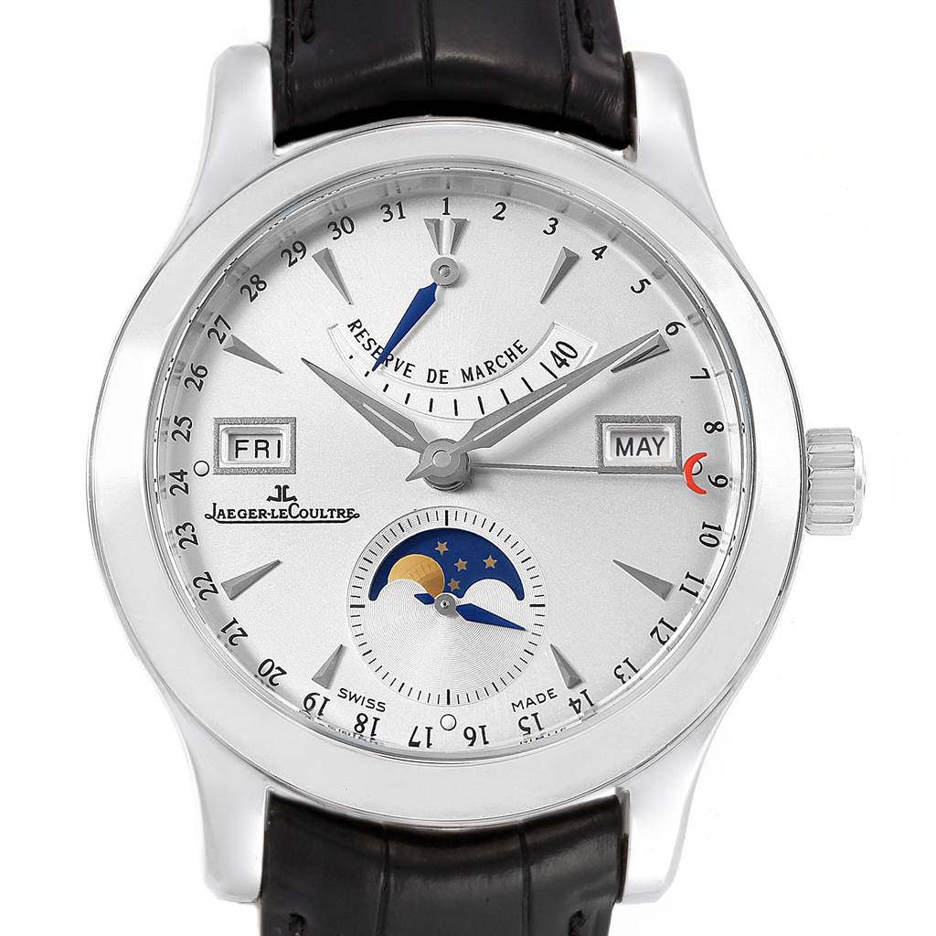 The image shows a front view of a Jaeger LeCoultre Master Q1558420 Men
s Stainless Steel Silver Dial Q1558420 Men
s Stainless Steel Silver Dial watch, displaying its dial, hands, day, month, and moon phase indicators.