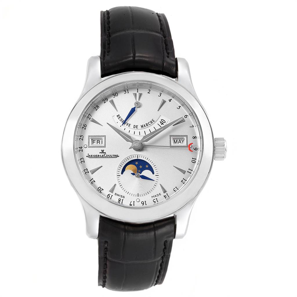 The image shows a Jaeger LeCoultre Master Q1558420 Men
s Stainless Steel Silver Dial Q1558420 Men
s Stainless Steel Silver Dial model watch from a front angle, displaying the dial and leather strap.