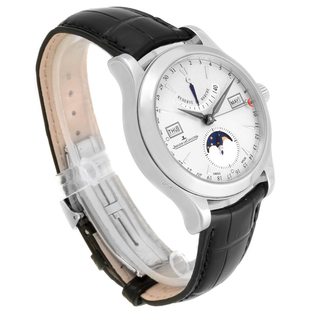 This image shows a Jaeger-LeCoultre Master model watch at a three-quarter angle, highlighting its black leather strap and detailed dial features.