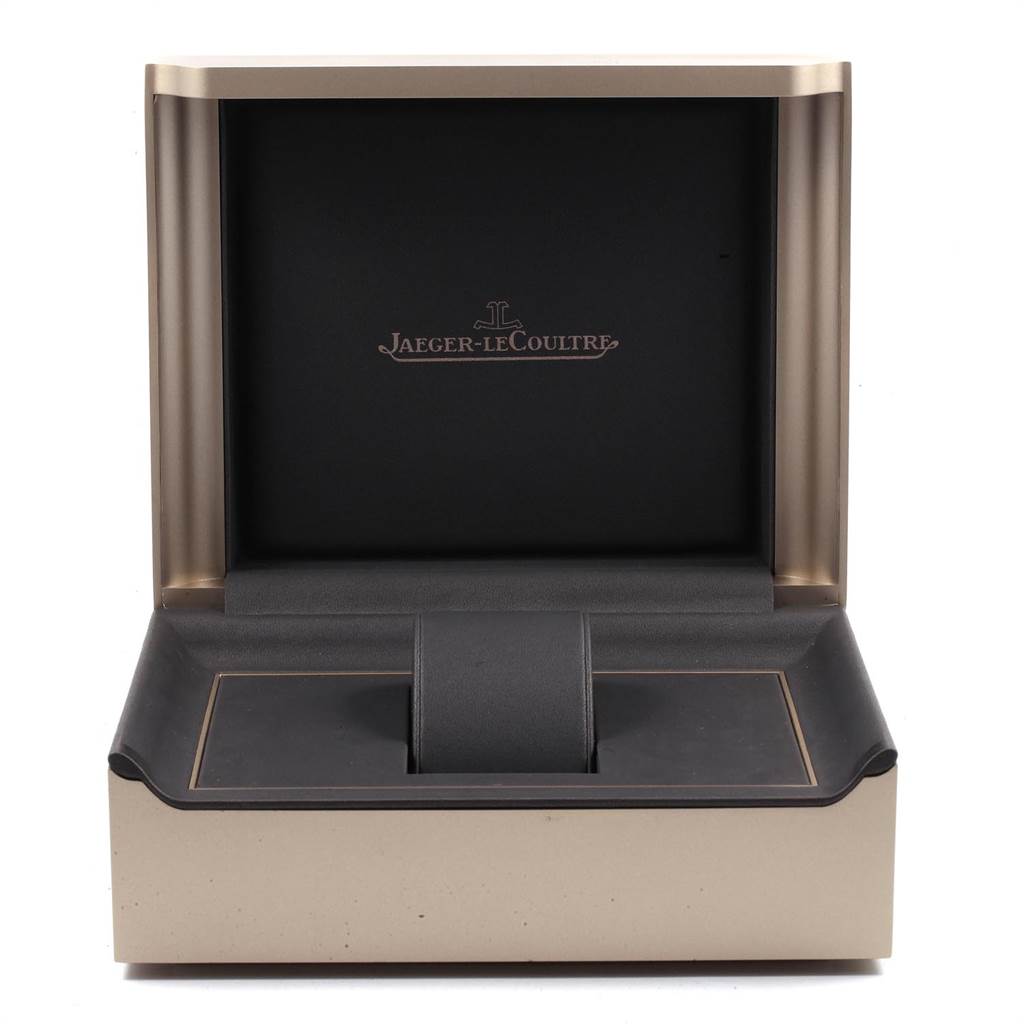 The image shows an empty open box for the Jaeger-LeCoultre Master model watch at a straight-on angle.
