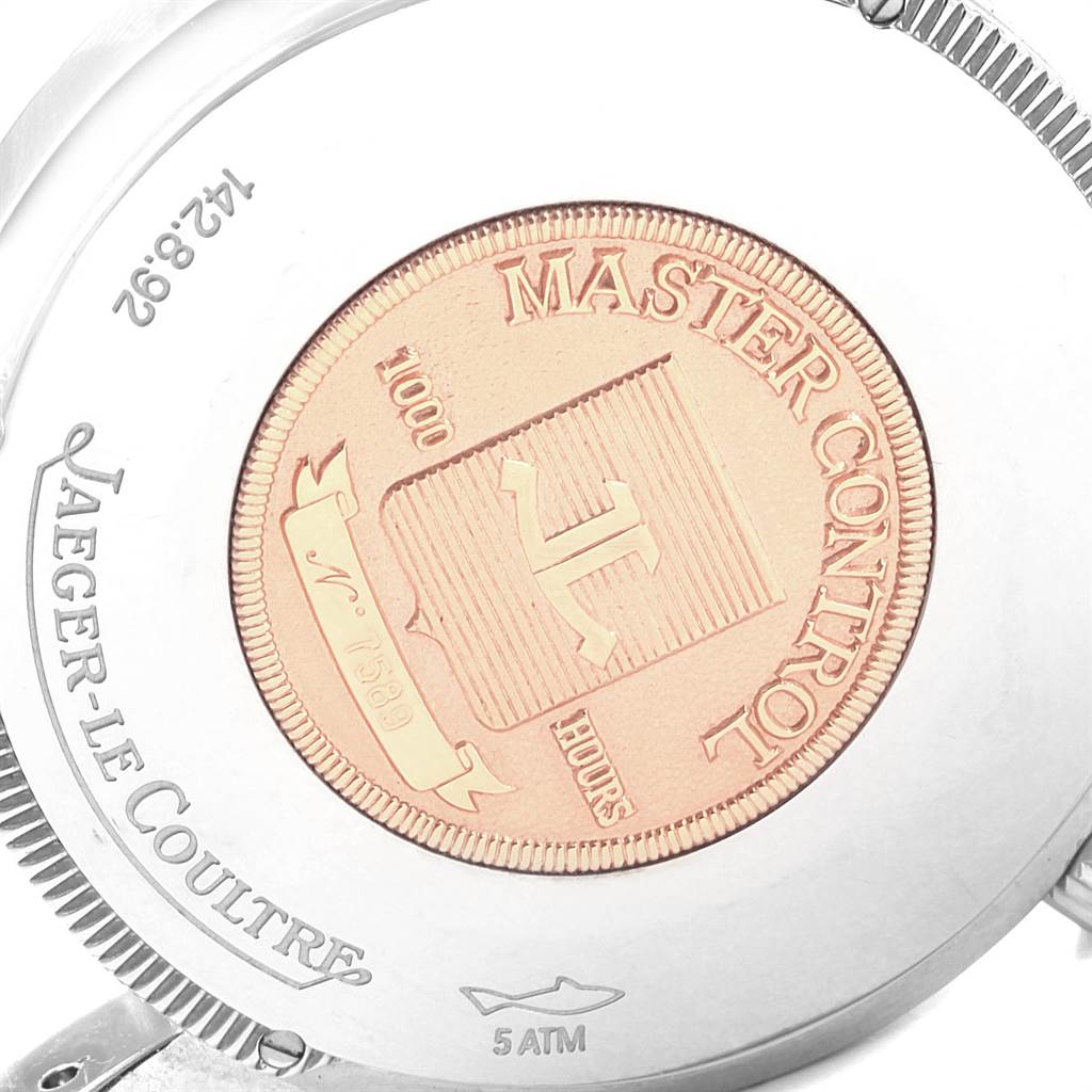 This image shows a close-up view of the case back of the Jaeger-LeCoultre Master model watch.