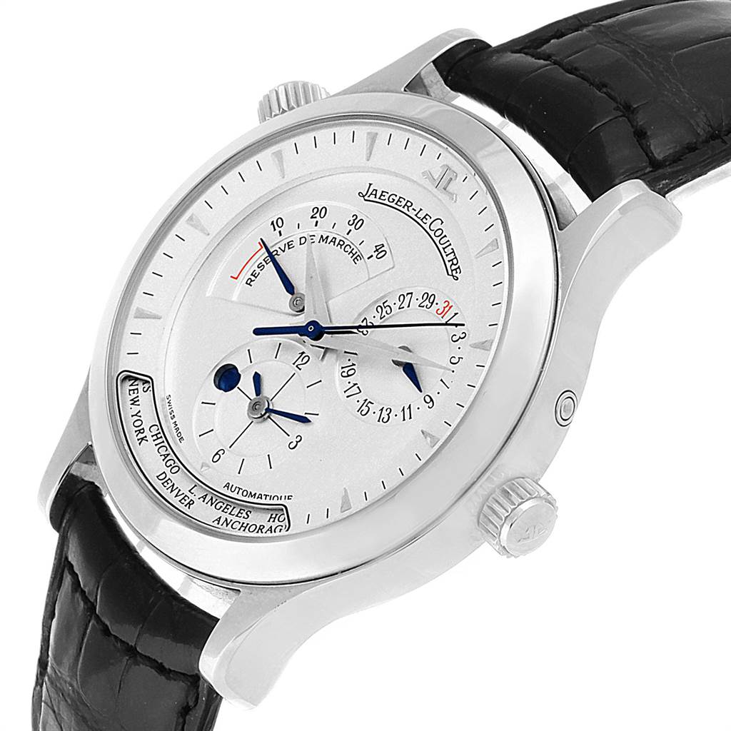 The image shows a Jaeger-LeCoultre Master watch at an angled close-up view, highlighting the dial, crown, and strap connection.