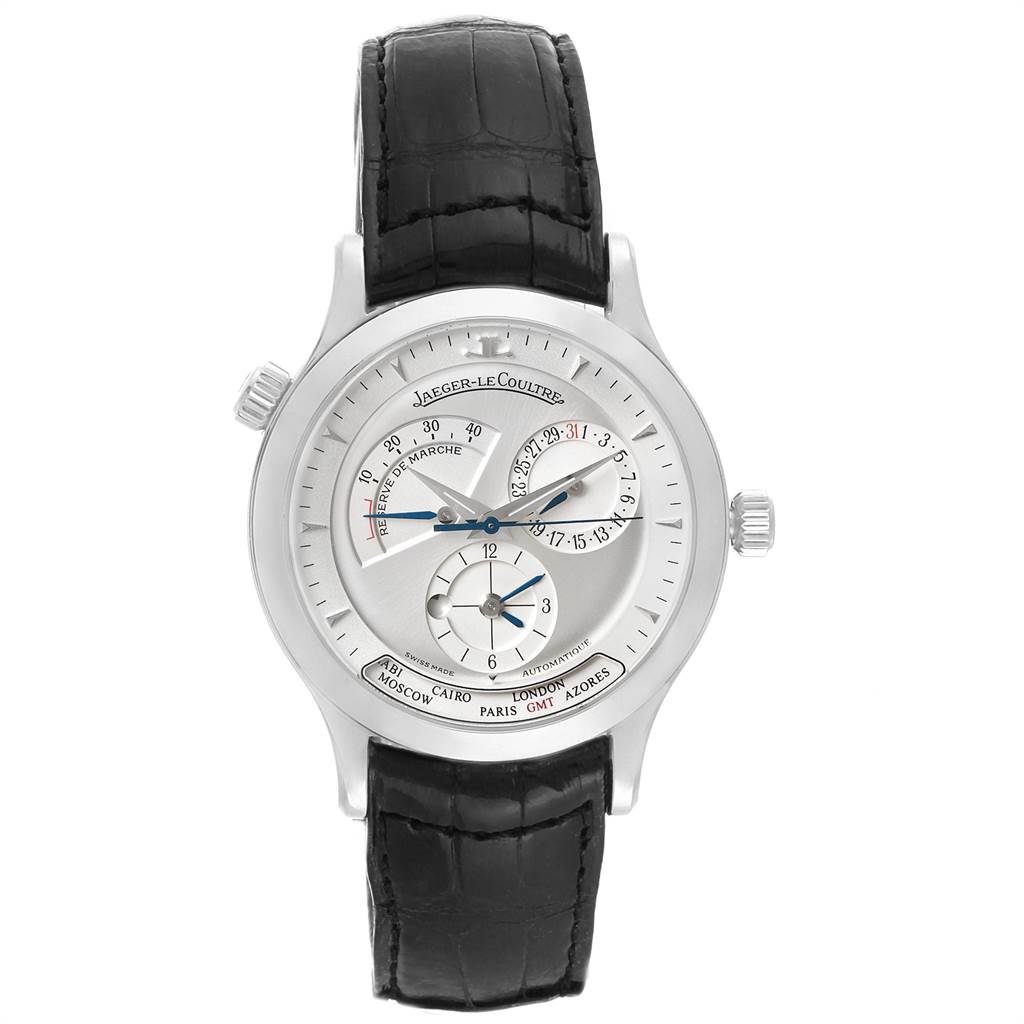 The image shows a front view of the Jaeger LeCoultre Master JAEGER LECOULTRE Men
s Stainless Steel Silver Dial JAEGER LECOULTRE Men
s Stainless Steel Silver Dial model watch, displaying its face, dial, and black leather strap.