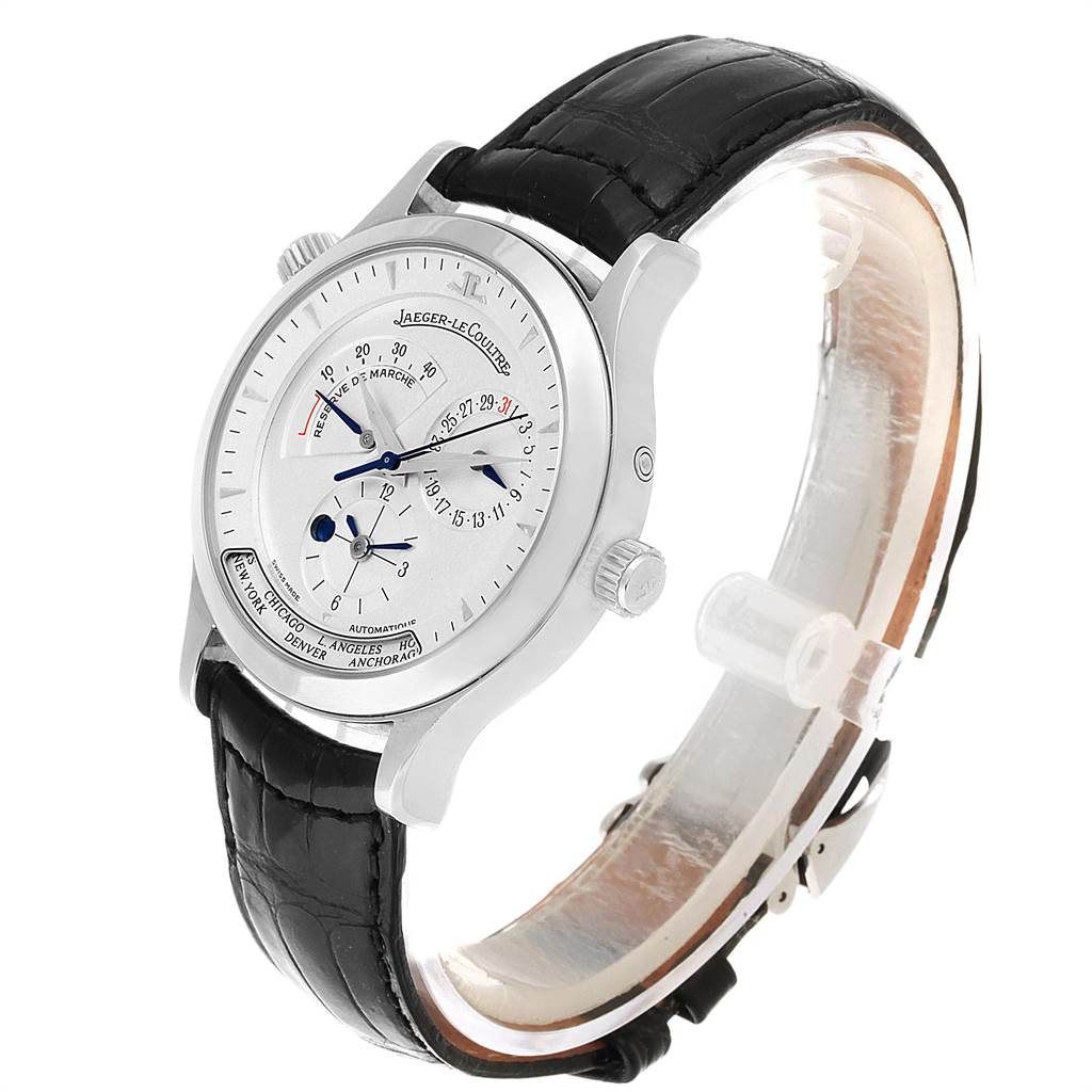 The image shows a Jaeger LeCoultre Master JAEGER LECOULTRE Men
s Stainless Steel Silver Dial JAEGER LECOULTRE Men
s Stainless Steel Silver Dial model watch, angled from the right side, displaying its face, crown, and black leather strap.