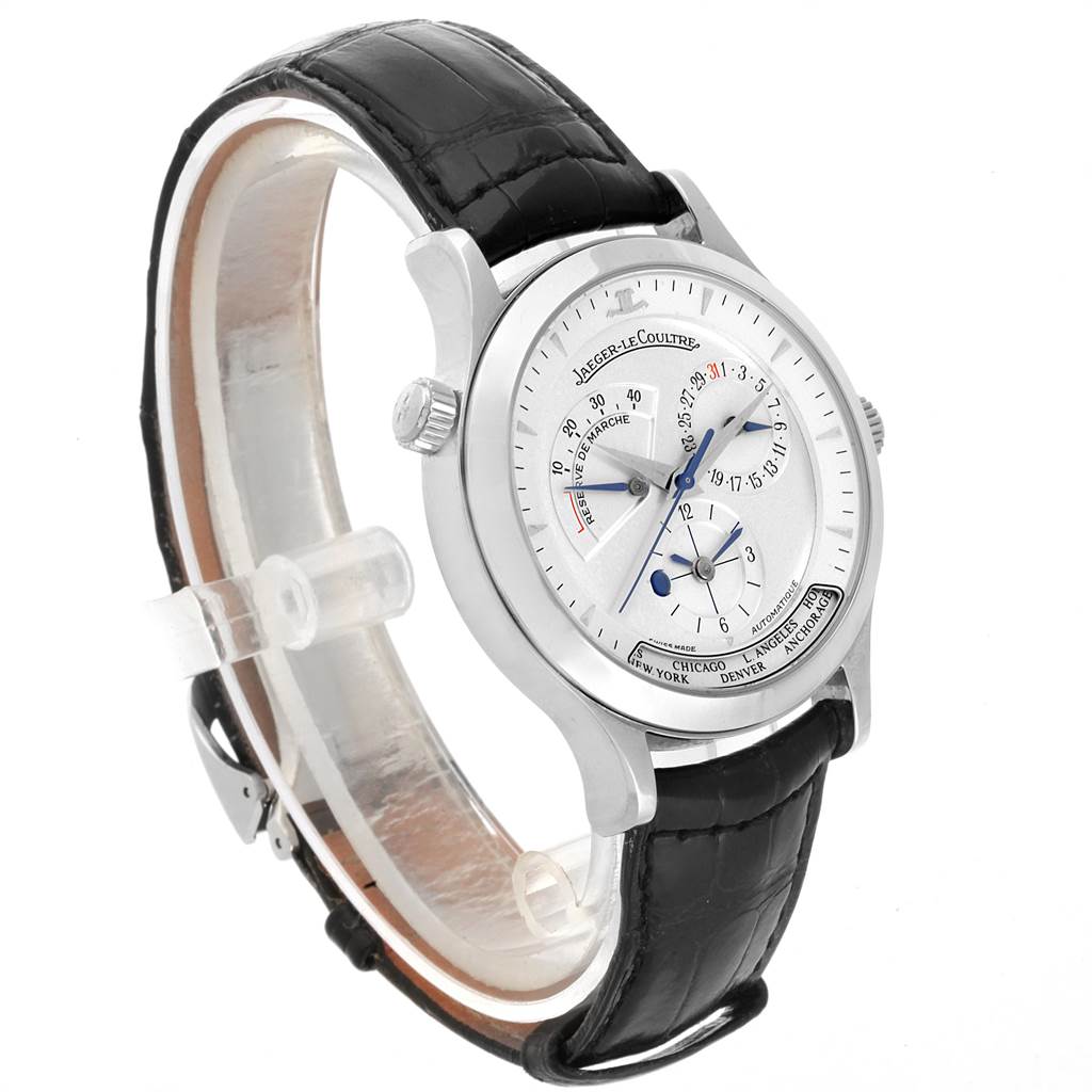 The image shows a side angle of the Jaeger LeCoultre Master JAEGER LECOULTRE Men
s Stainless Steel Silver Dial JAEGER LECOULTRE Men
s Stainless Steel Silver Dial model watch, highlighting its face, dial, and leather strap.