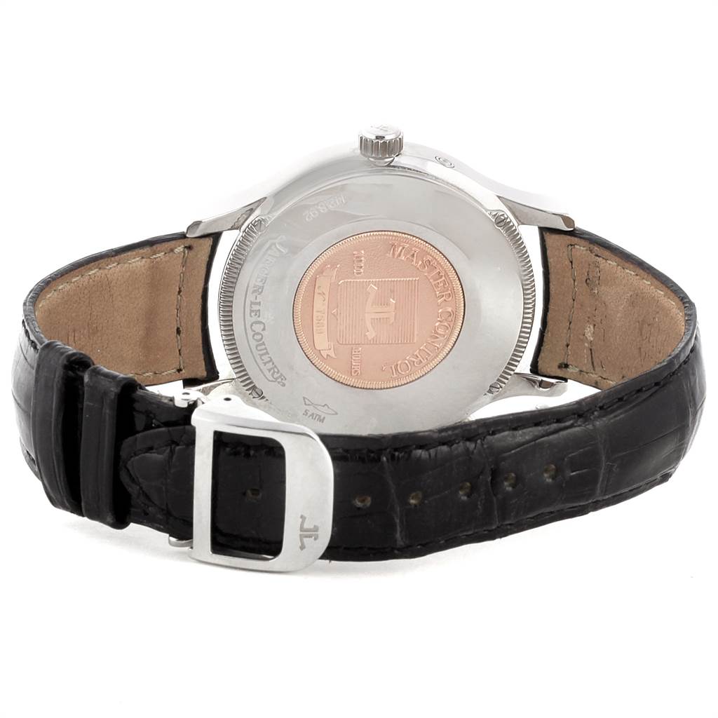 The image shows the back view of a Jaeger LeCoultre Master JAEGER LECOULTRE Men
s Stainless Steel Silver Dial JAEGER LECOULTRE Men
s Stainless Steel Silver Dial model watch, featuring the case back and strap.