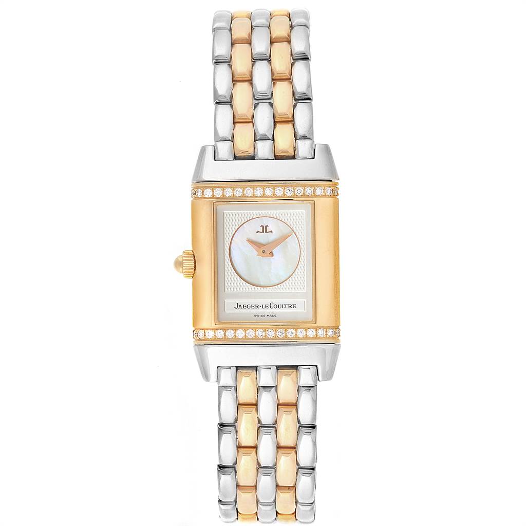 This image shows a front view of the Jaeger LeCoultre Reverso Q266511F Women's Steel and Gold (two tone) Mother of Pearl Dial Q266511F Women's Steel and Gold (two tone) Mother of Pearl Dial watch, highlighting its gold and silver bracelet, rectangular face, and crown.