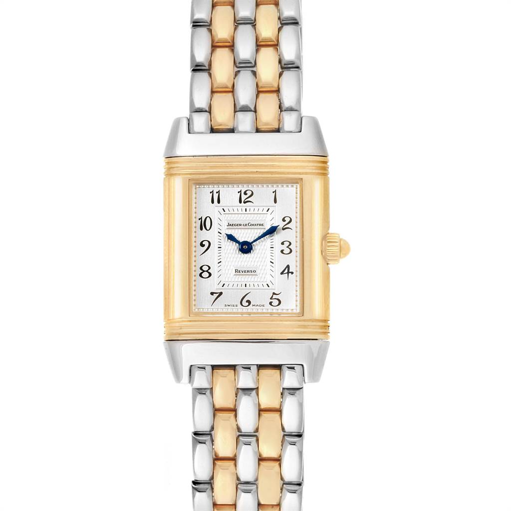 The image shows a Jaeger LeCoultre Reverso Q266511F Women's Steel and Gold (two tone) Mother of Pearl Dial Q266511F Women's Steel and Gold (two tone) Mother of Pearl Dial watch from a frontal angle, highlighting its dial, bezel, and two-tone bracelet.