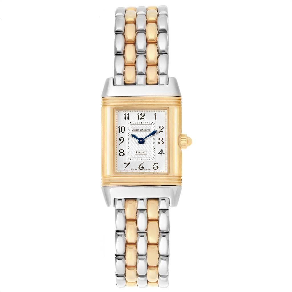 The image shows a front view of a Jaeger LeCoultre Reverso Q266511F Women's Steel and Gold (two tone) Mother of Pearl Dial Q266511F Women's Steel and Gold (two tone) Mother of Pearl Dial watch, highlighting its rectangular dial and two-tone metal bracelet.