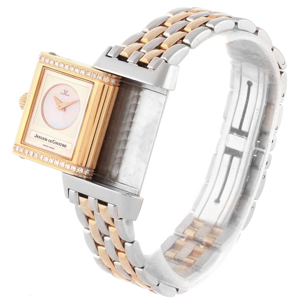 The image shows a Jaeger LeCoultre Reverso Q266511F Women's Steel and Gold (two tone) Mother of Pearl Dial Q266511F Women's Steel and Gold (two tone) Mother of Pearl Dial watch at a slight angle, highlighting its reversible case and two-tone bracelet.
