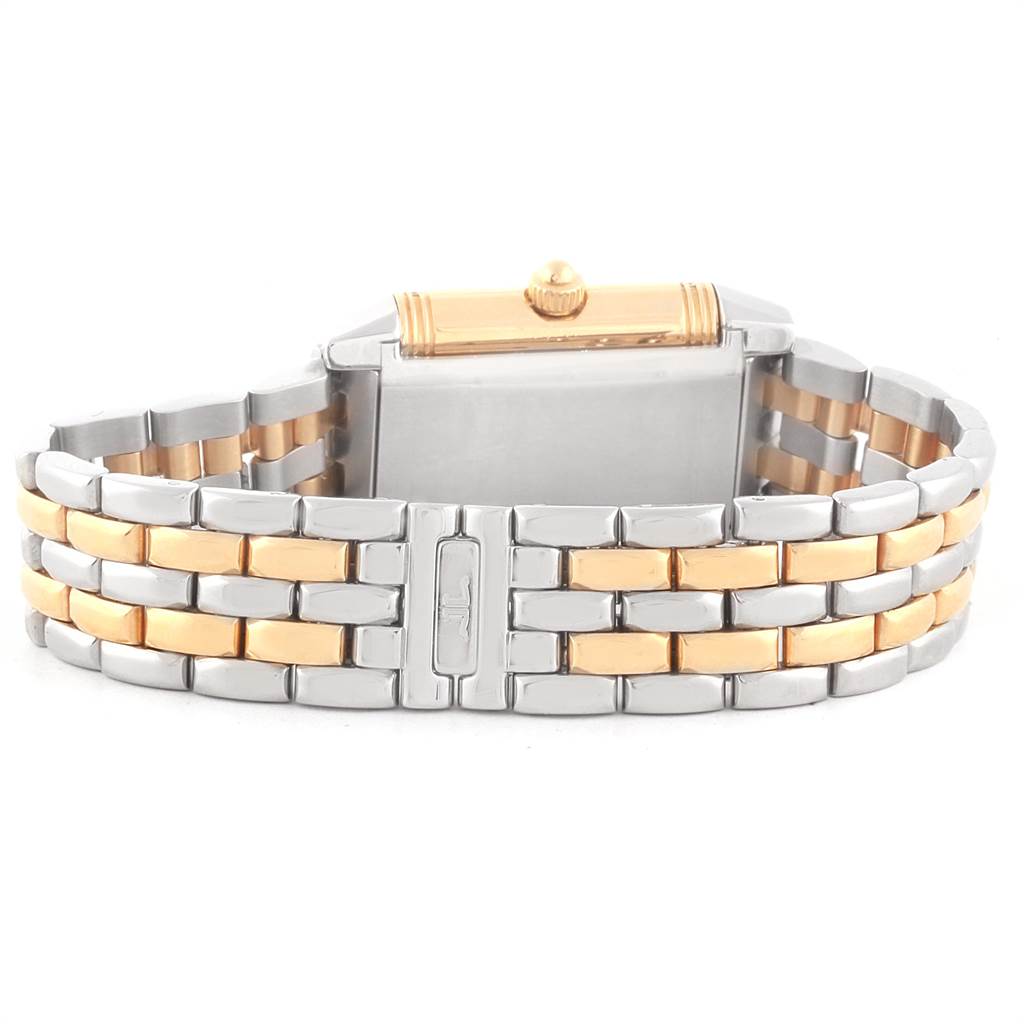 The image shows the back and clasp of the Jaeger LeCoultre Reverso Q266511F Women's Steel and Gold (two tone) Mother of Pearl Dial Q266511F Women's Steel and Gold (two tone) Mother of Pearl Dial watch, highlighting its two-tone bracelet.
