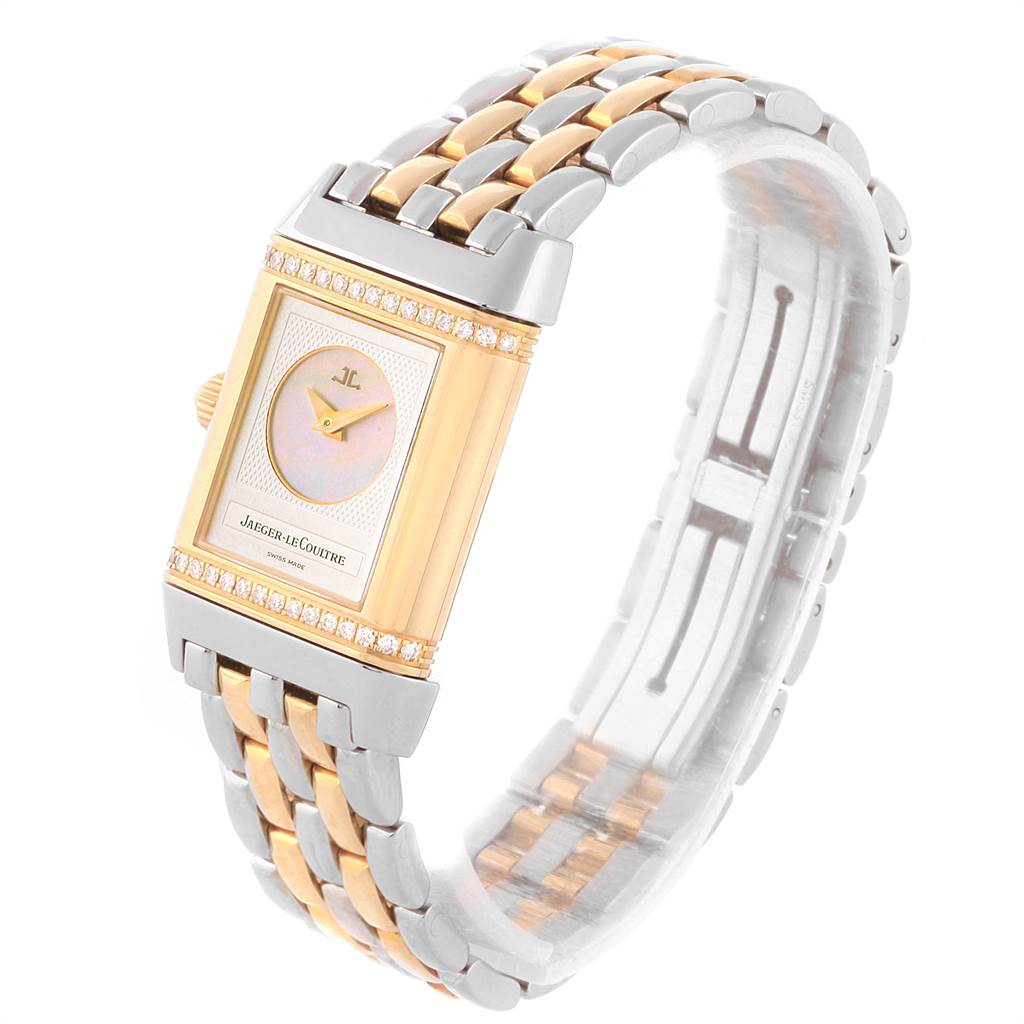 This image shows a Jaeger LeCoultre Reverso Q266511F Women's Steel and Gold (two tone) Mother of Pearl Dial Q266511F Women's Steel and Gold (two tone) Mother of Pearl Dial watch at a slight angle, highlighting its face, bracelet, and crown.