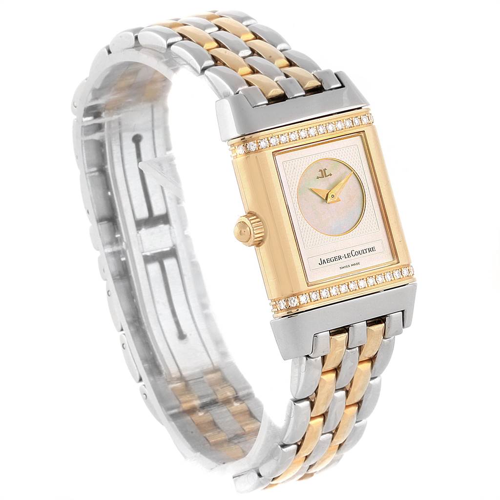 The image shows a side angled view of the Jaeger LeCoultre Reverso Q266511F Women's Steel and Gold (two tone) Mother of Pearl Dial Q266511F Women's Steel and Gold (two tone) Mother of Pearl Dial watch, highlighting its dial, case, crown, and dual-tone bracelet.