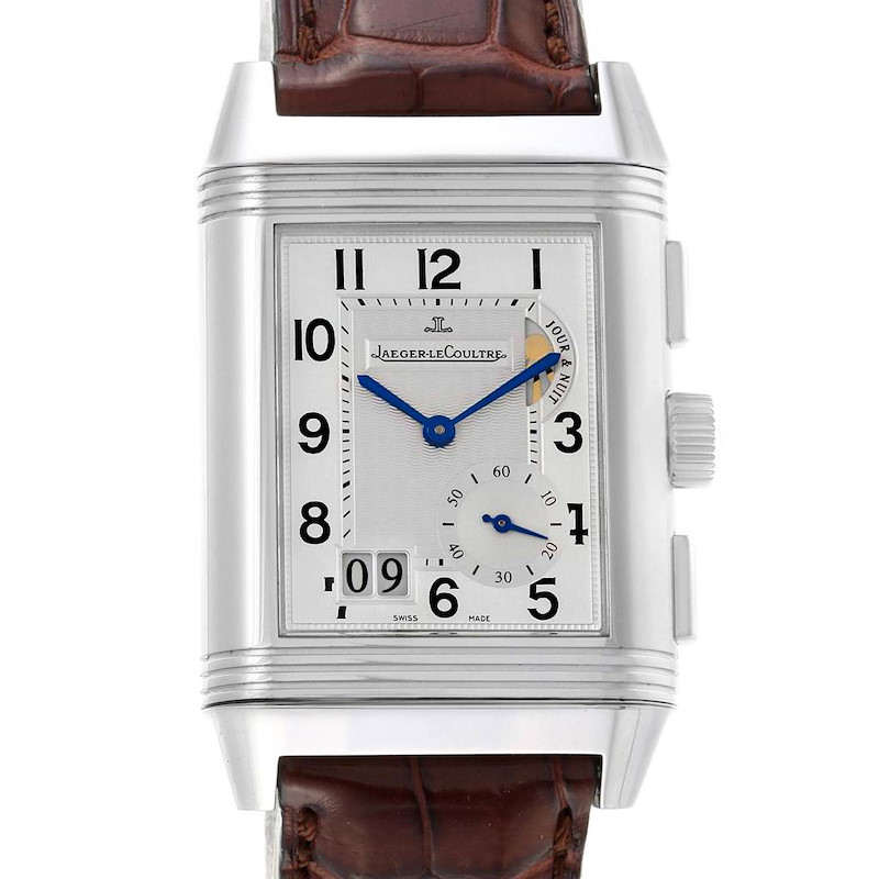 The image shows a front view of a Jaeger LeCoultre Reverso watch, displaying its rectangular dial and leather strap.