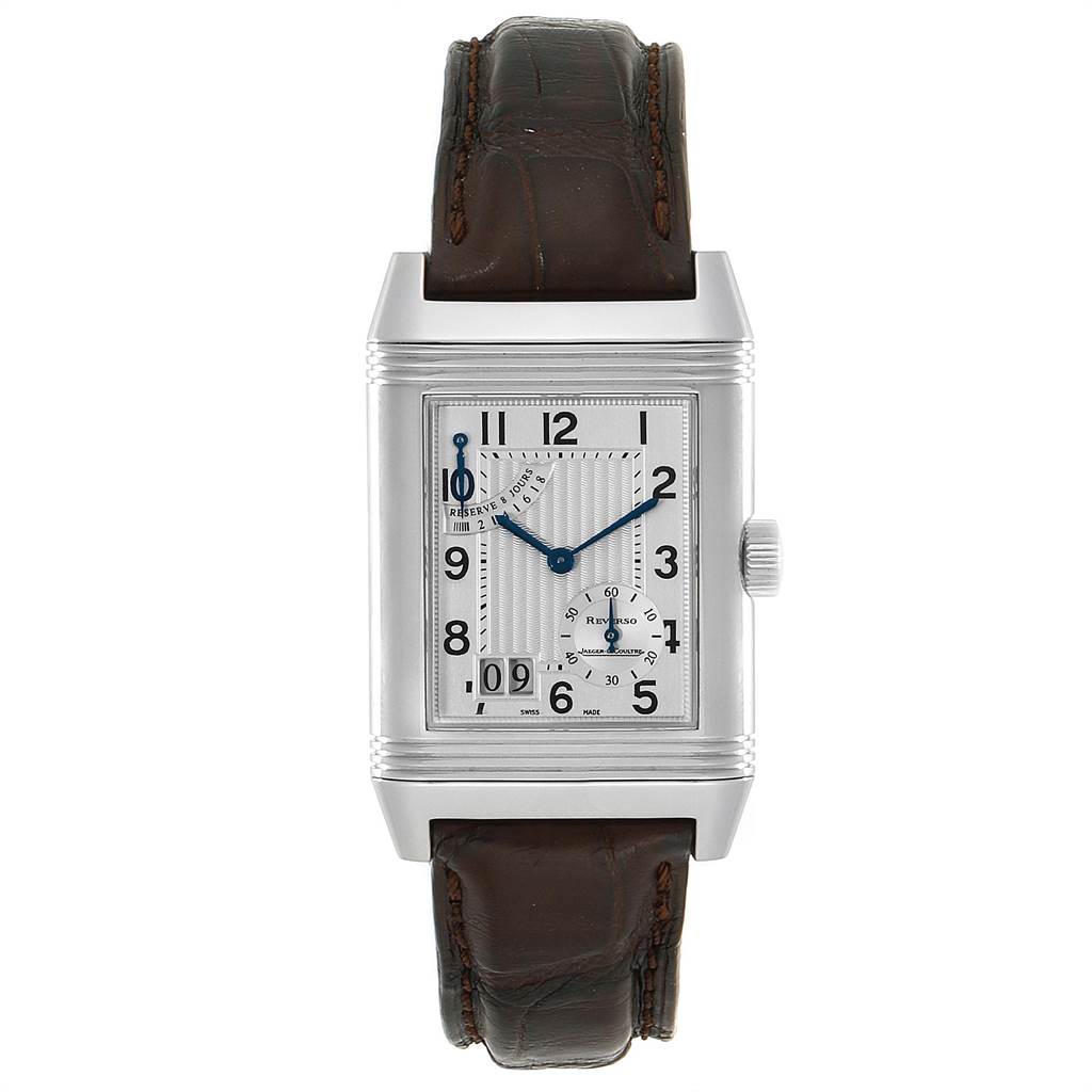 This Jaeger LeCoultre Reverso 240.8.15 Men's Stainless Steel Silver Dial 240.8.15 Men's Stainless Steel Silver Dial watch is shown in a front view, highlighting the dial, case, and leather strap.