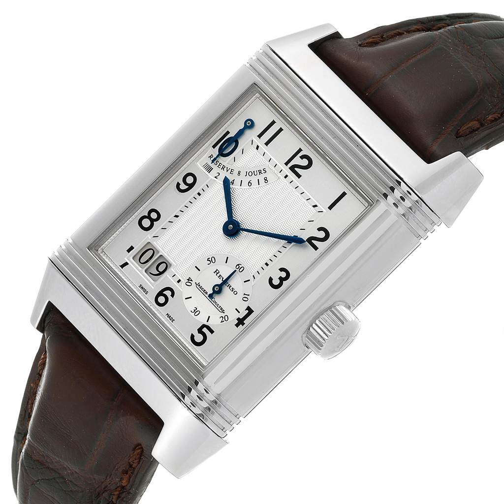 The image shows a front-facing view of a Jaeger LeCoultre Reverso 240.8.15 Men's Stainless Steel Silver Dial 240.8.15 Men's Stainless Steel Silver Dial watch, highlighting the dial, case, and leather strap.