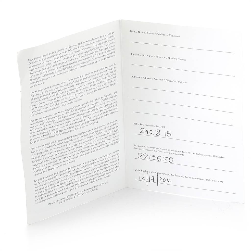 The image shows the open guarantee booklet for a Jaeger-LeCoultre Reverso watch model, displaying reference and purchase details.