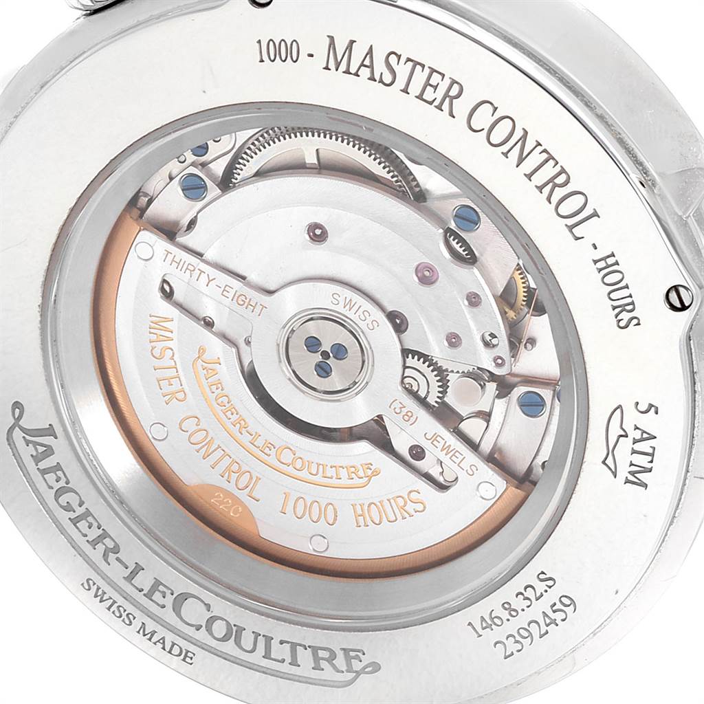 This image shows the back case of the Jaeger LeCoultre Master Q1528420 Men's Stainless Steel Silver Dial Q1528420 Men's Stainless Steel Silver Dial Control watch, revealing its mechanical movement.