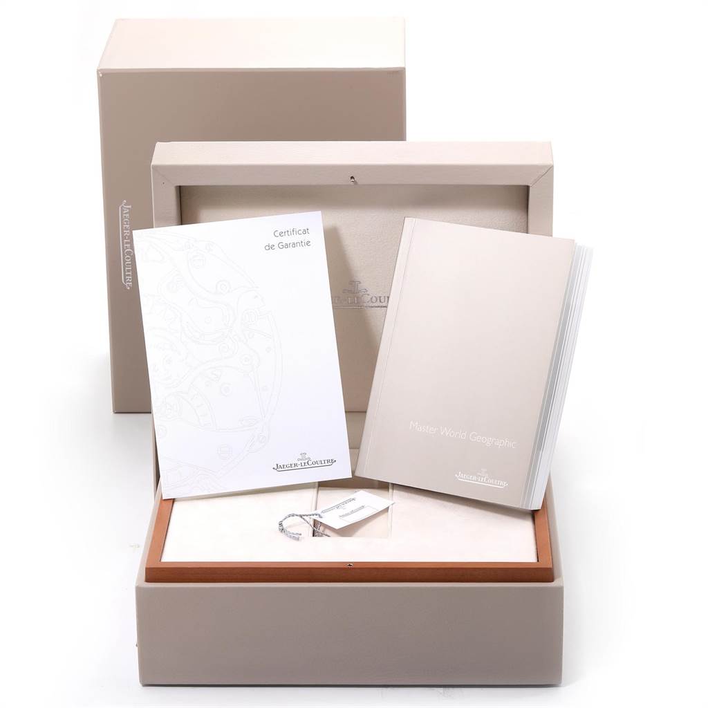 This image shows the packaging, warranty certificate, user manual, and a tag for the Jaeger LeCoultre Master Q1528420 Men's Stainless Steel Silver Dial Q1528420 Men's Stainless Steel Silver Dial model watch.