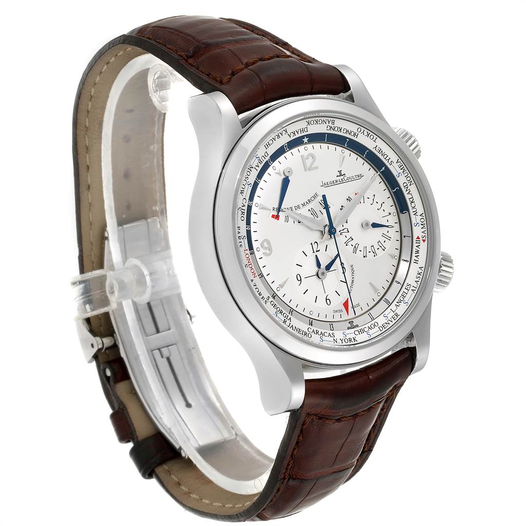 The image shows a Jaeger LeCoultre Master Q1528420 Men's Stainless Steel Silver Dial Q1528420 Men's Stainless Steel Silver Dial model watch at an angle displaying its face, case, straps, and side crown.