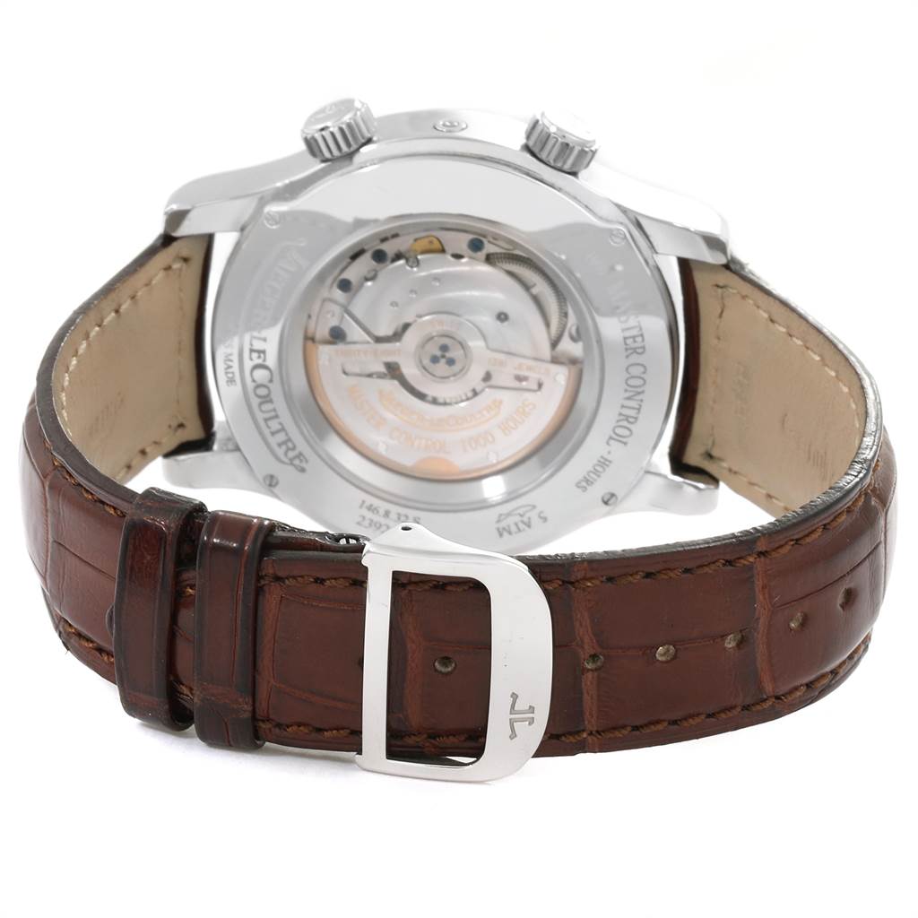 The image shows the back view of a Jaeger LeCoultre Master Q1528420 Men's Stainless Steel Silver Dial Q1528420 Men's Stainless Steel Silver Dial model watch, highlighting the movement and leather strap.