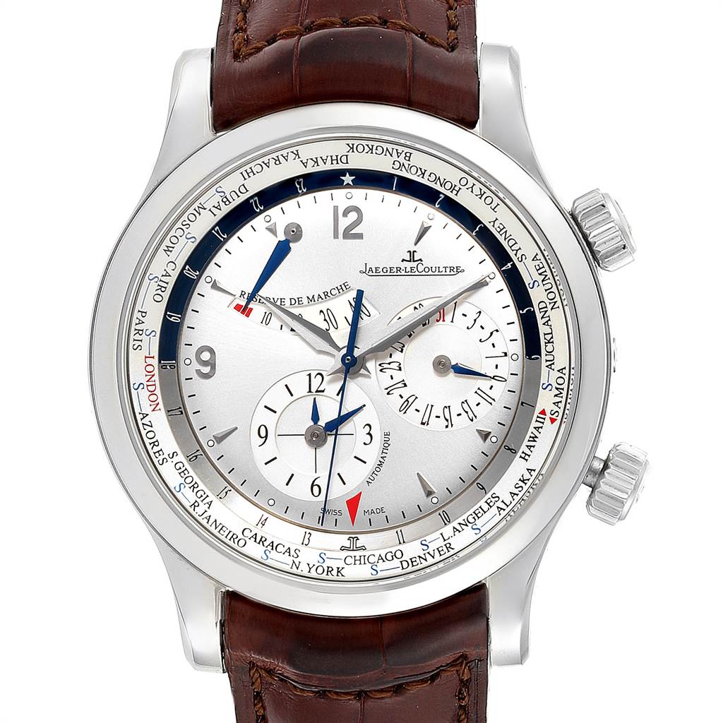 The image shows a front view of the Jaeger-LeCoultre Master model watch, displaying its dial and complications.