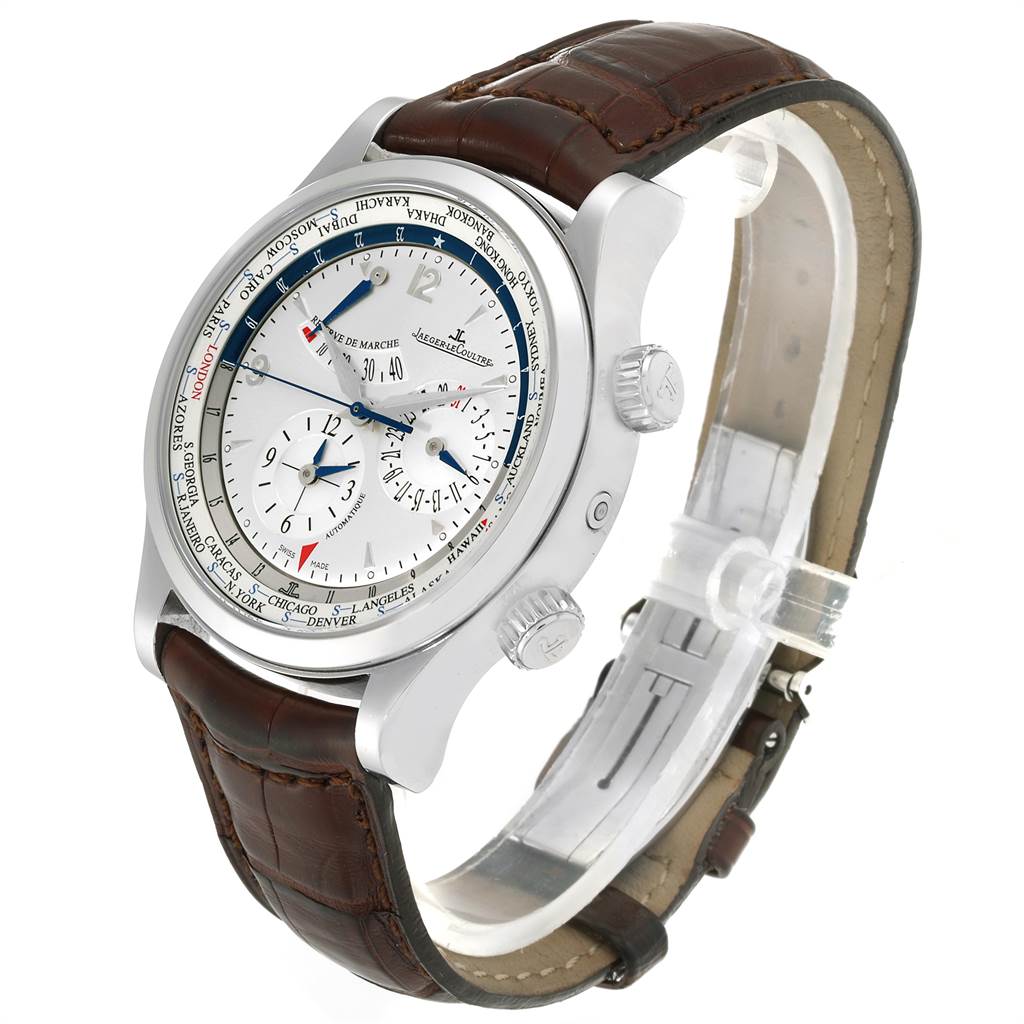 The Jaeger LeCoultre Master Q1528420 Men's Stainless Steel Silver Dial Q1528420 Men's Stainless Steel Silver Dial watch is shown at an angled side view, displaying its brown leather strap, white dial, and crowns.