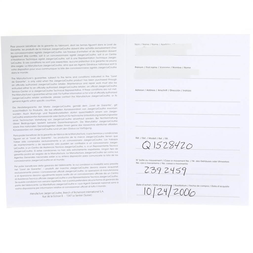 This image shows the warranty card and certificate for a Jaeger LeCoultre Master Q1528420 Men's Stainless Steel Silver Dial Q1528420 Men's Stainless Steel Silver Dial model, displaying reference number, case number, and purchase date.