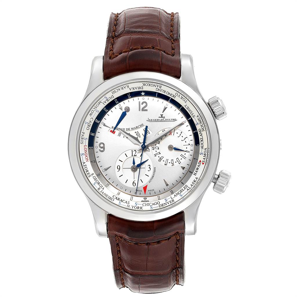 The Jaeger LeCoultre Master Q1528420 Men's Stainless Steel Silver Dial Q1528420 Men's Stainless Steel Silver Dial model watch is shown from a frontal angle, displaying its dial, hands, and brown leather strap.