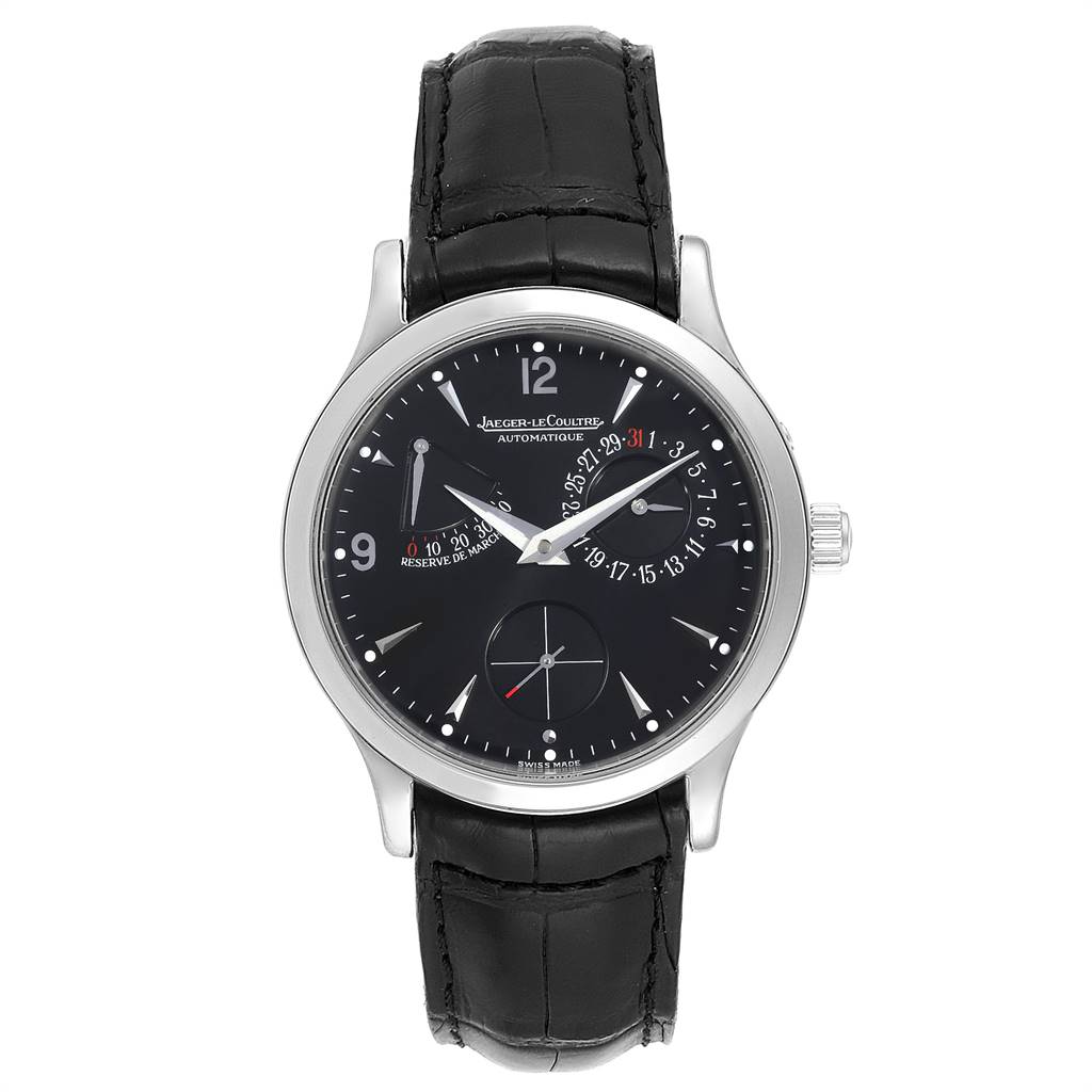 This is a frontal view of the Jaeger LeCoultre Master Q1488470 Men's Stainless Steel Black Dial Q1488470 Men's Stainless Steel Black Dial model watch, displaying its dial, black leather strap, and crown.